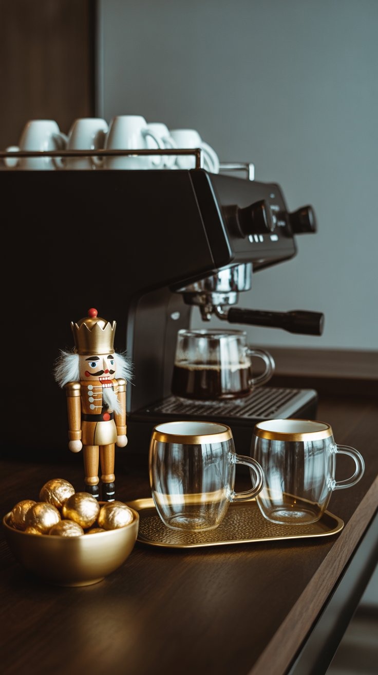 a nutcrawer and coffee cups on a table
