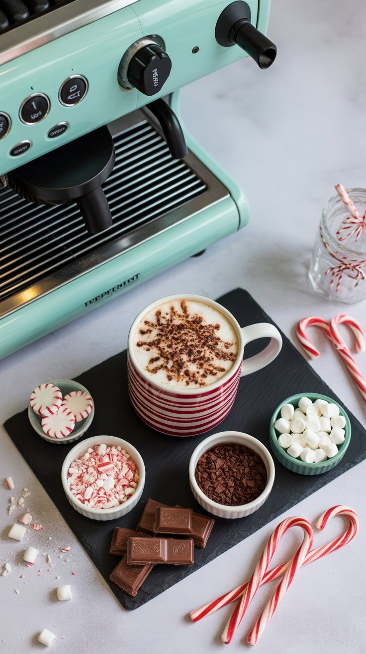 a cup of coffee and candy canel on a table