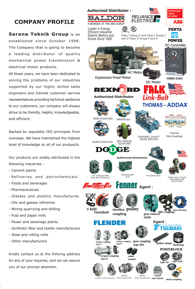 Call PT Sarana Teknik for Pump. Coupling, Electric Motor, Chain, Gear Motor