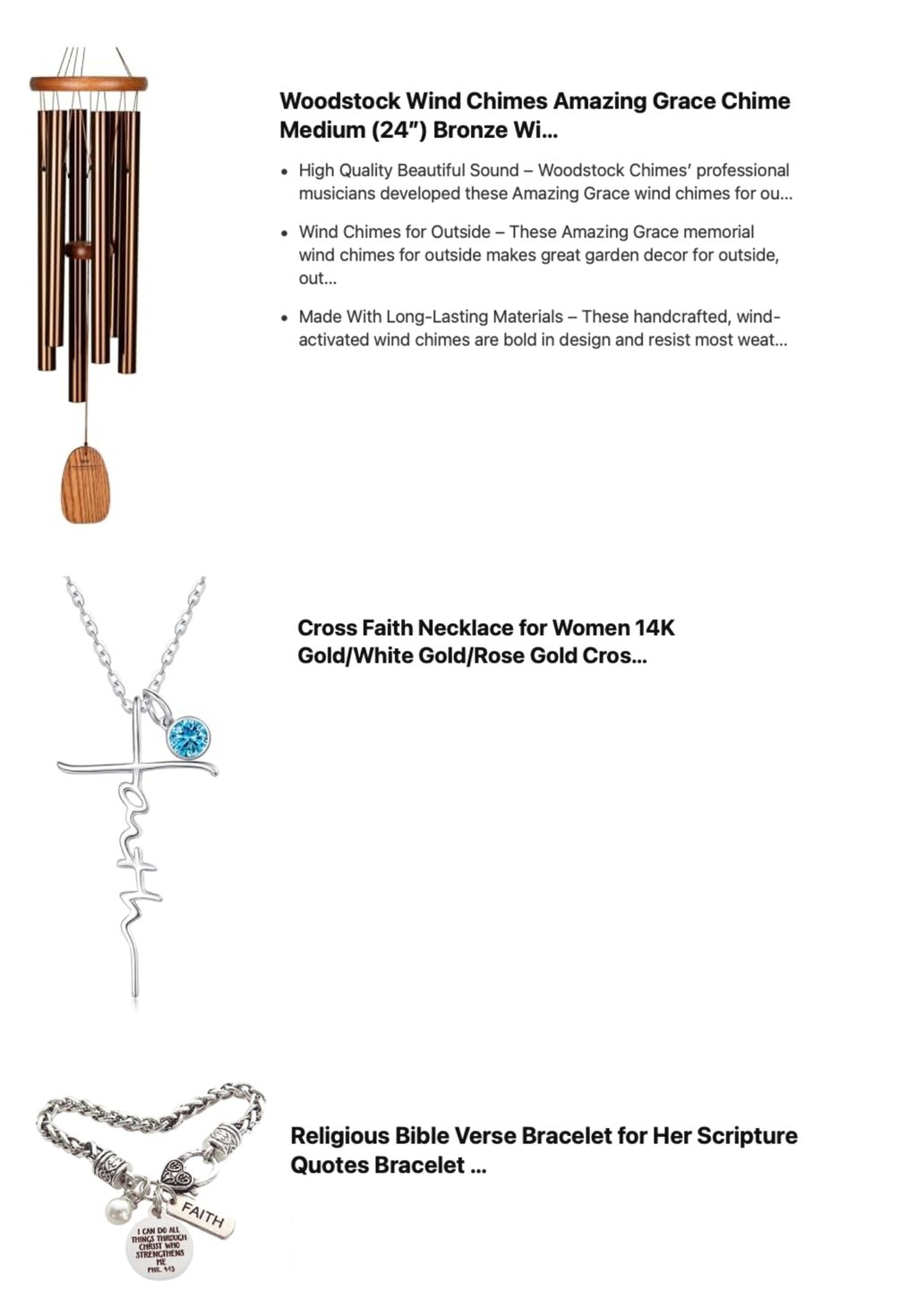 Christian gifts - amazing grace wind chimes, faith necklace, Bible verse bracelet