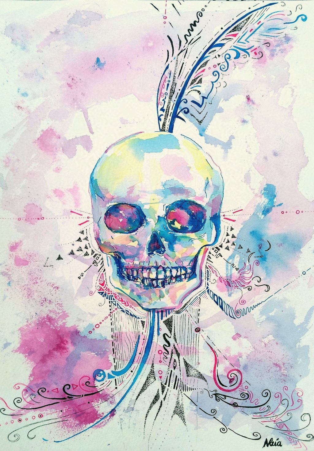 Aquarelle d'un crâne éthérique avec des motifs psychédéliques au feutre fin, tons rosés et bleus
