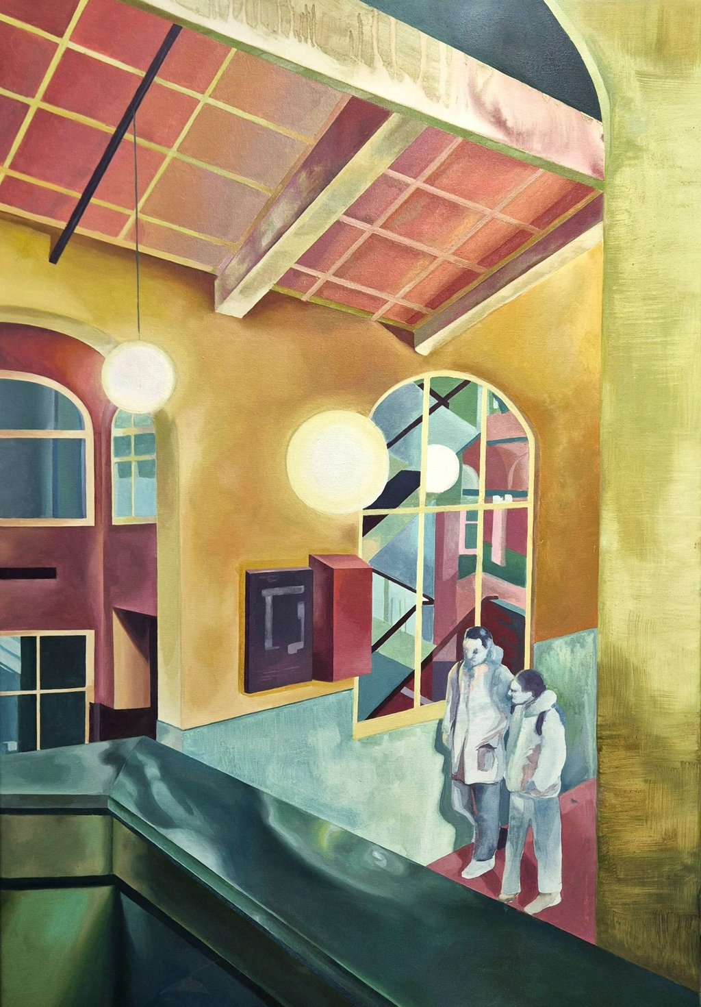 Mitzeitlich; Öl auf Leinwand; Gemälde einer beleuchteten Gasse mit zwei Personen