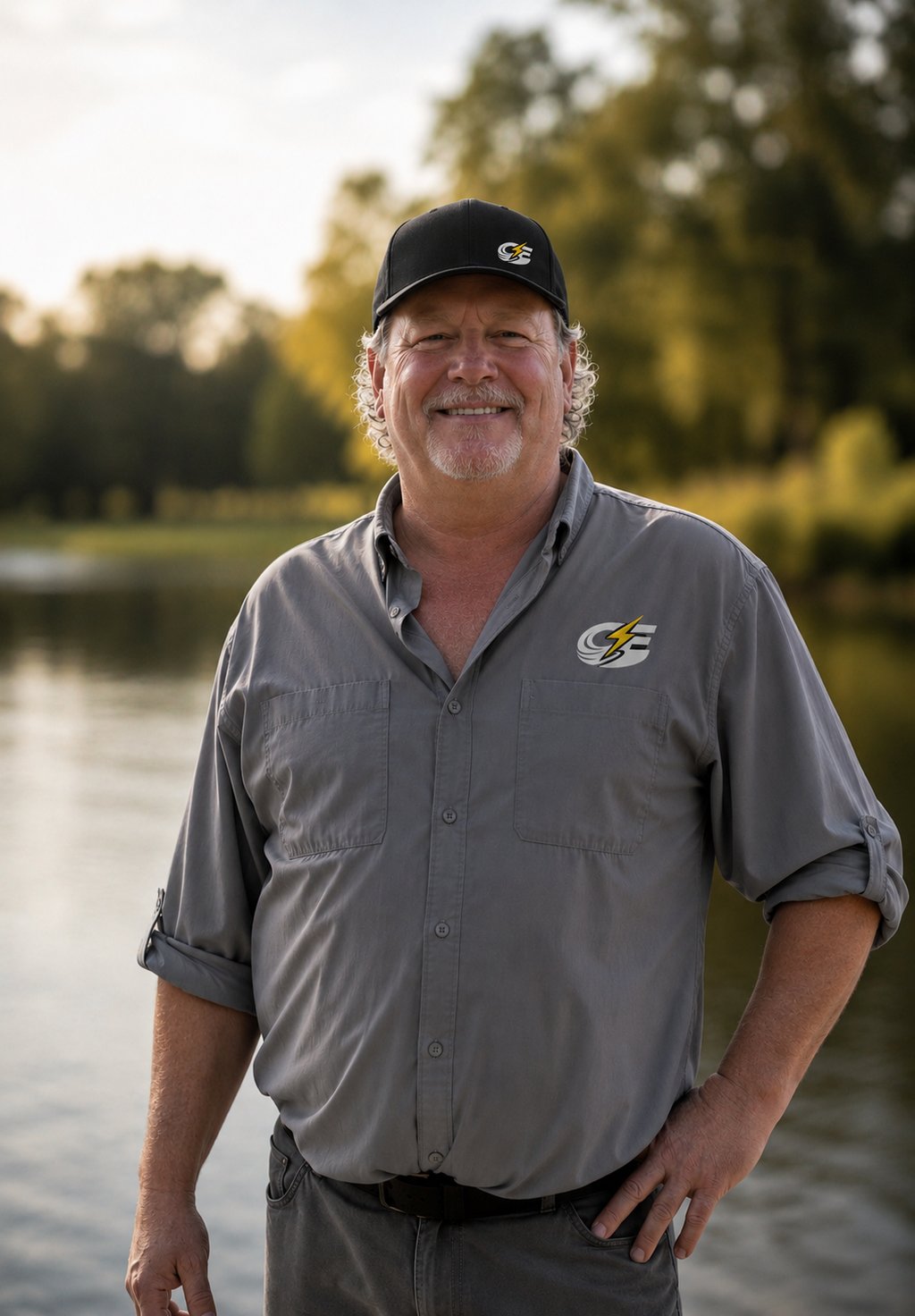 Smiling man in a grey Caloosa Electric work shirt and branded hat standing outdoors by a lake.