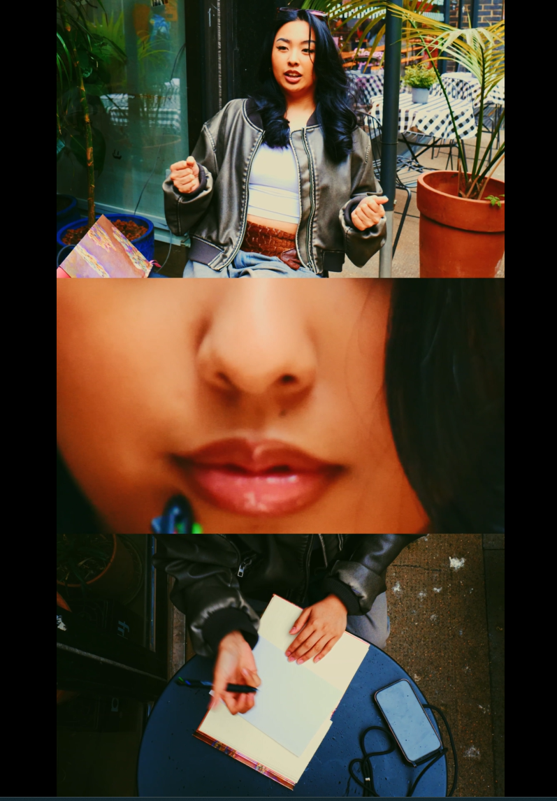 a picture of 3 shots of a Filipino girl in a video production