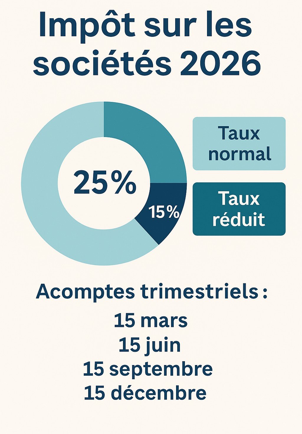 Graphique illustrant les taux d’impôt sur les sociétés en 2026, avec le taux normal à 25 %, le taux