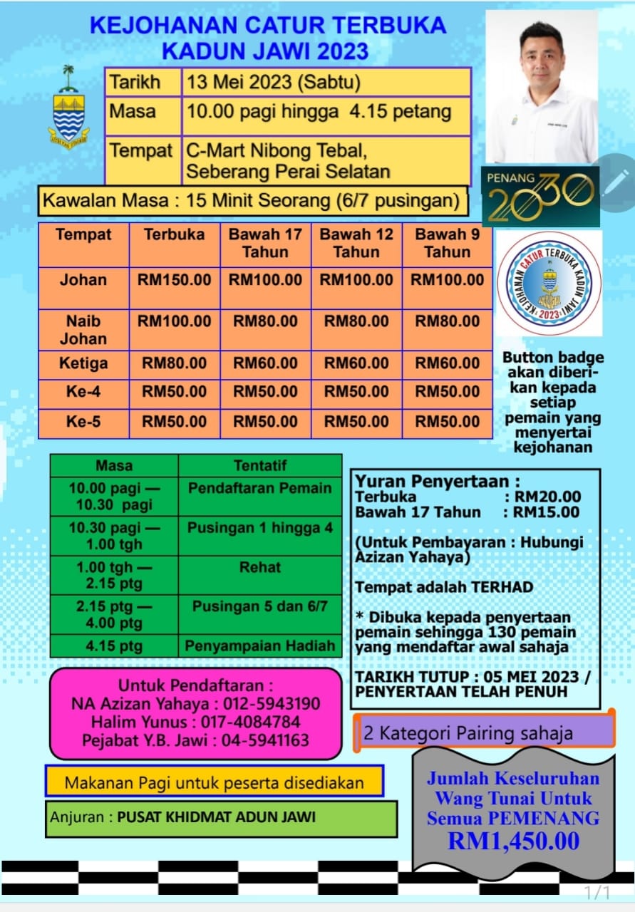 Kejohanan Catur Terbuka Kadun Jawi 2023. Penang Chess. Malaysia Chess. Catur Malaysia