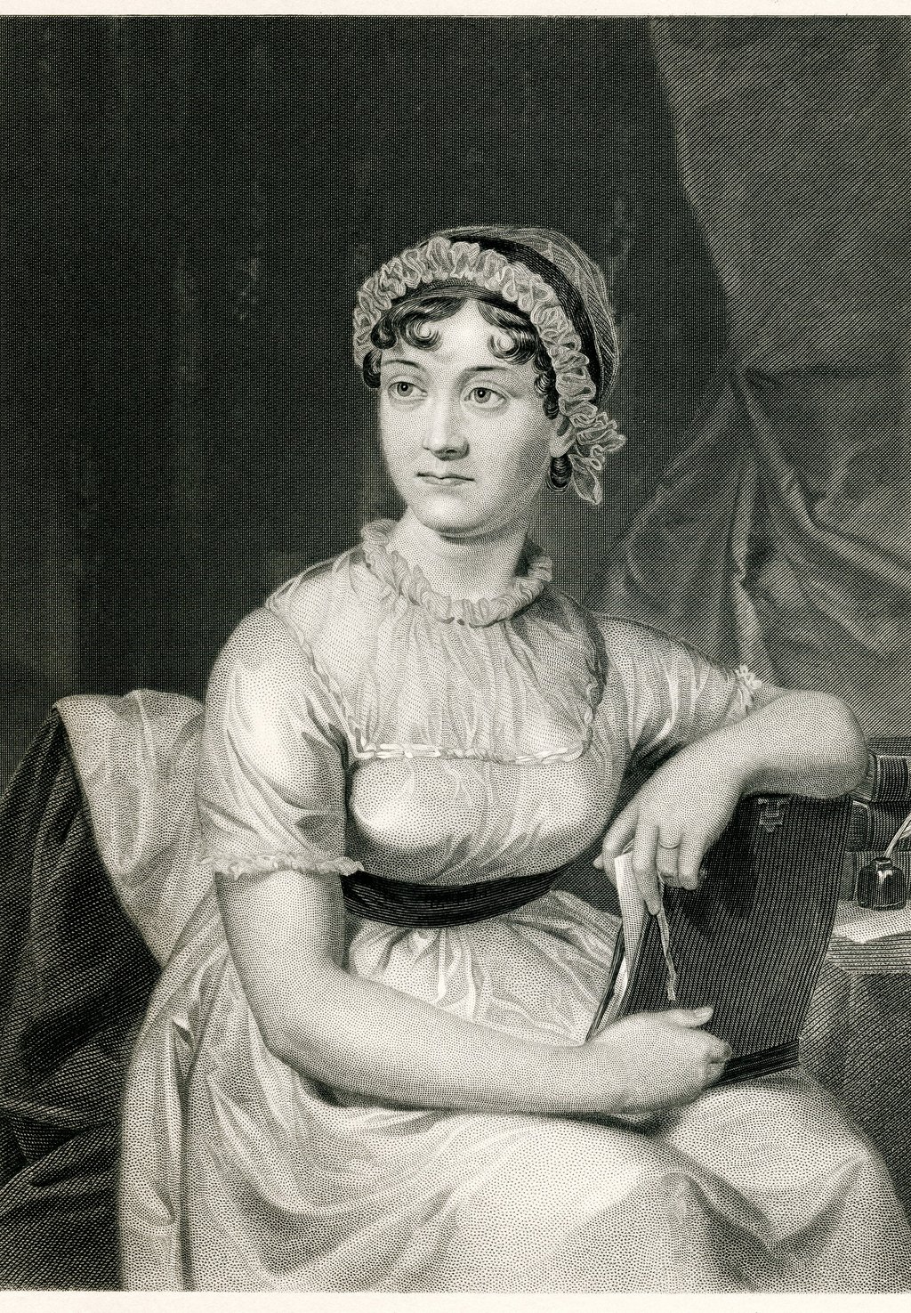 Vintage engraving of Jane Austen seated with a book, representing her quiet, thoughtful spirit