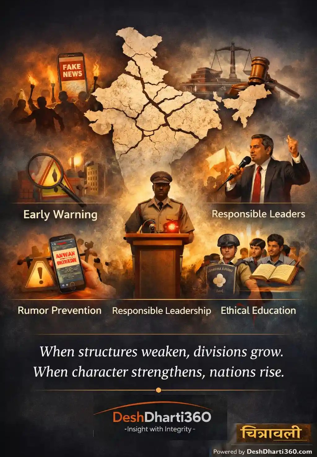 Symbolic India map with structural cracks, justice scales and digital elements reflecting conflict patterns and moral reform.