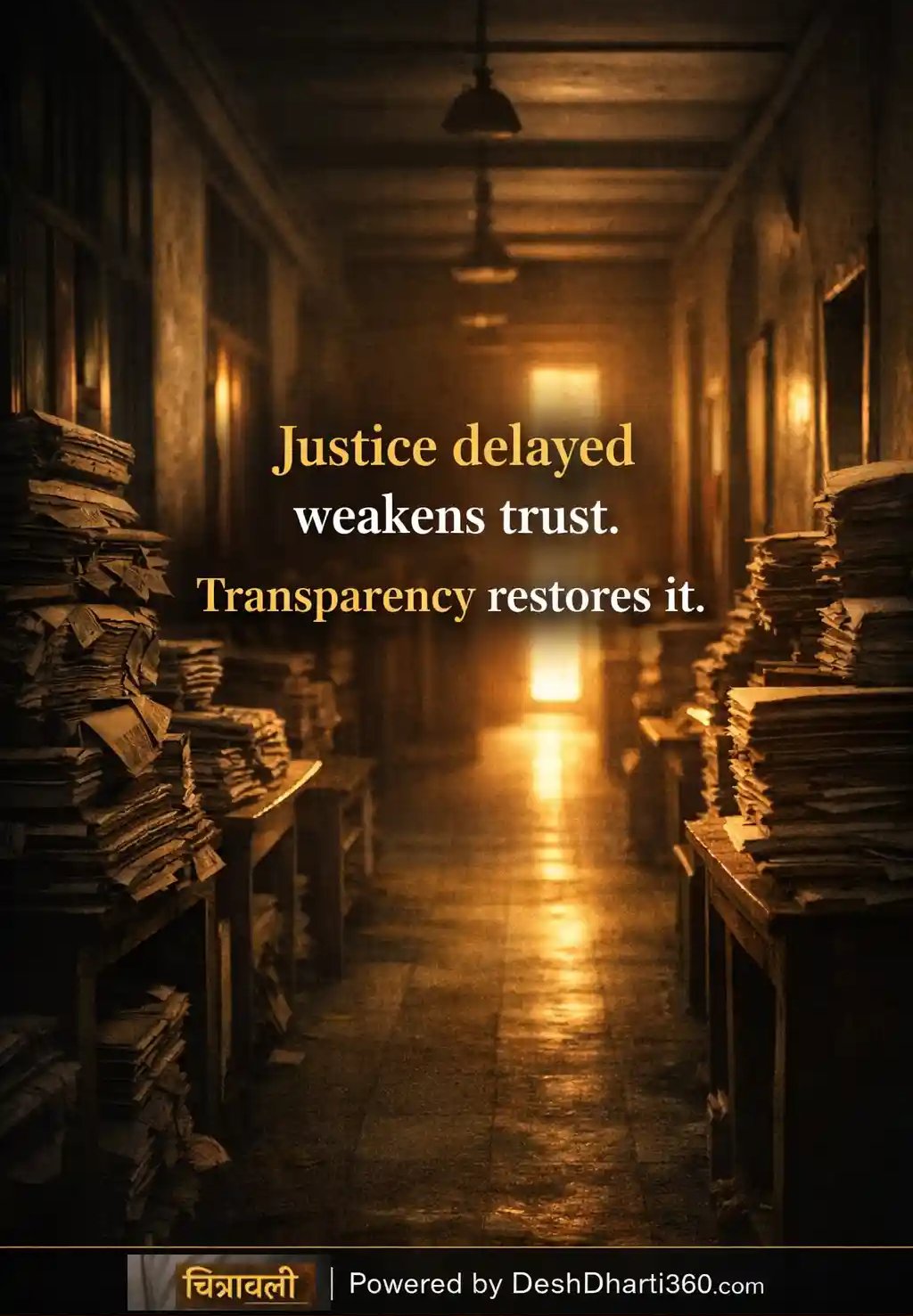 Government corridor with stacked files and dim light symbolizing delayed justice and administrative accountability.