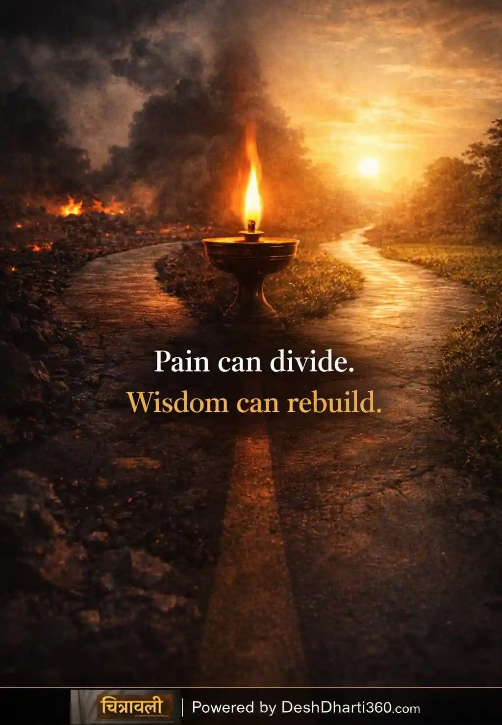 Symbolic crossroads showing pain leading to division or reconciliation, representing political use of memory.