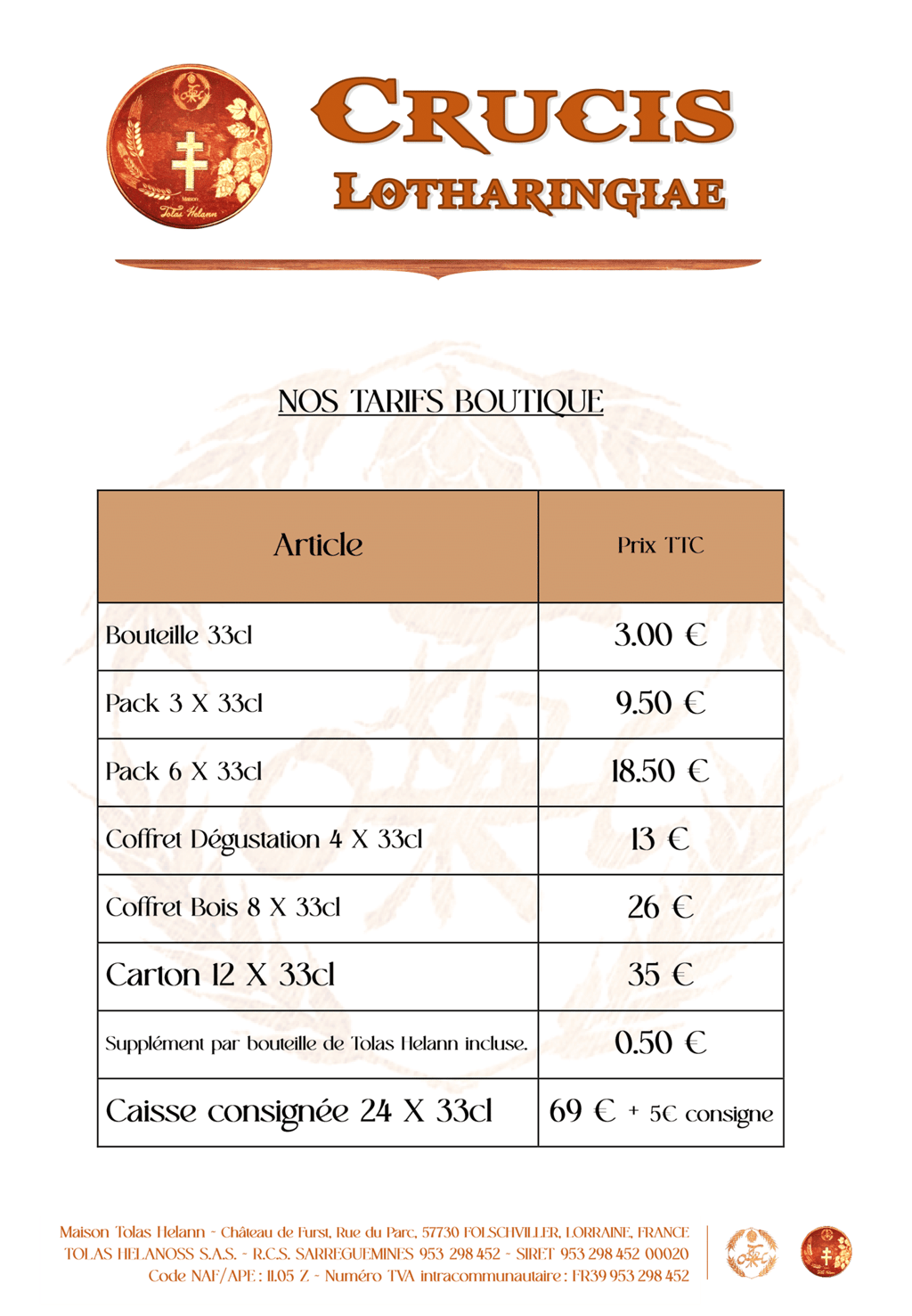 Tarifs CRUCIS