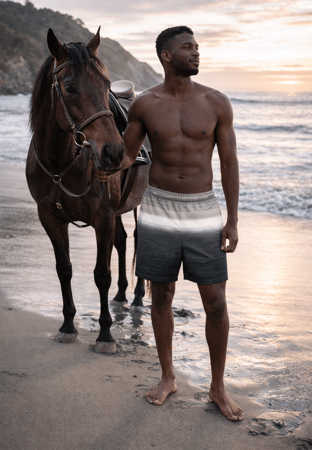 Doog Walker swim trunks with gradient ocean design worn on a beach at sunset, coastal fashion lifestyle