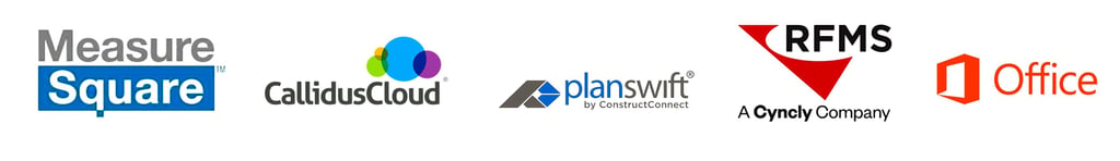 Logos of software partners including Measure Square, CallidusCloud, PlanSwift, RFMS, and Microsoft Office.