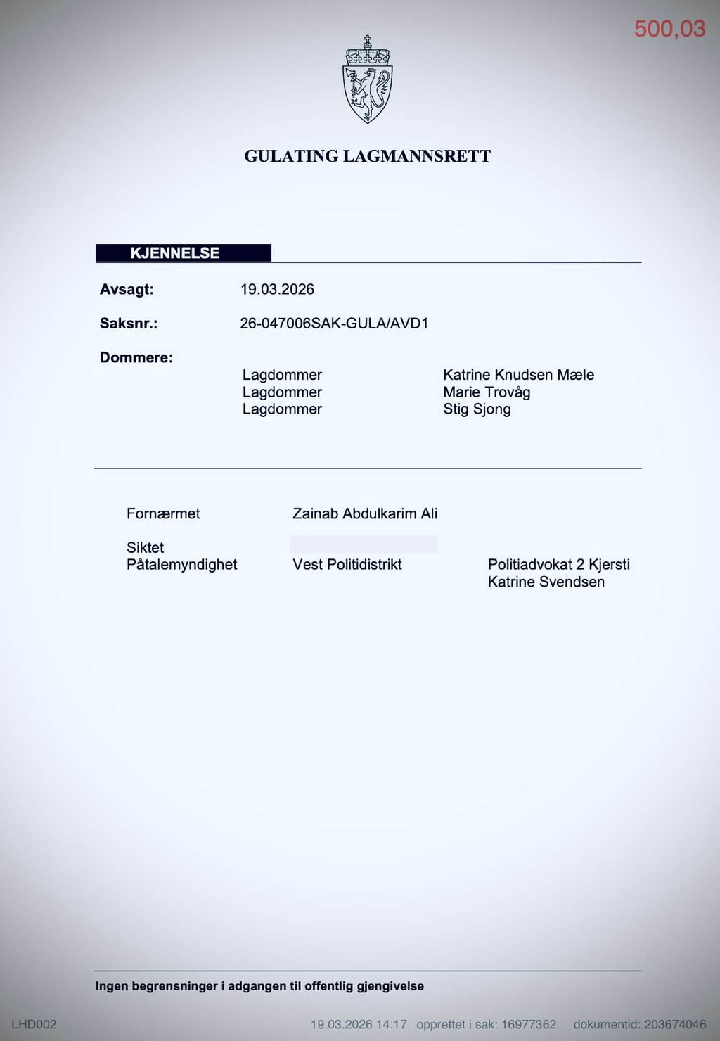 Zainab Abdulkarim Ali, Maren Britt Østern, the Gulating Court of Appeal, Gulating lagmannsrett