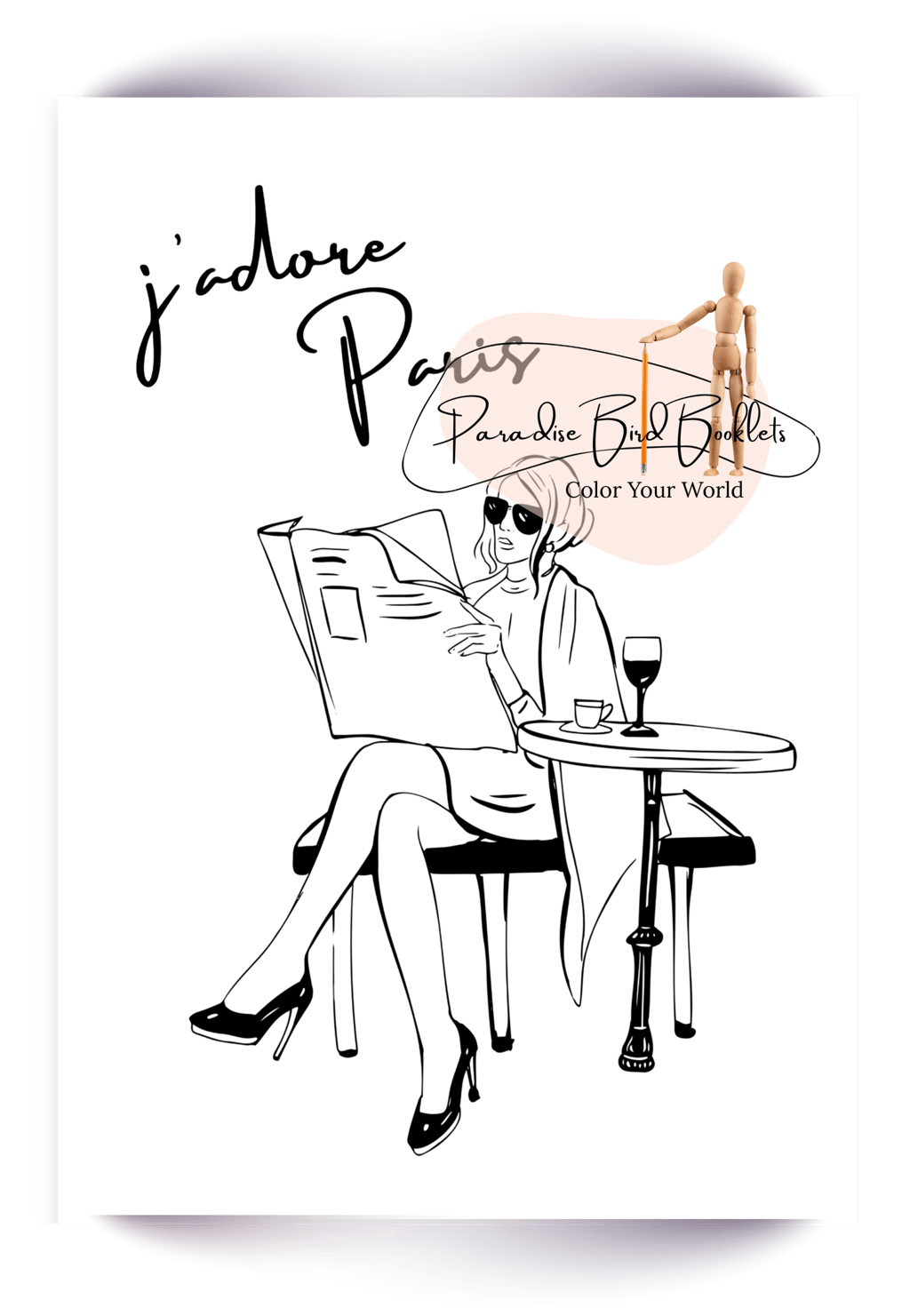 Coloring page of a female reading a newsletter in Paris 