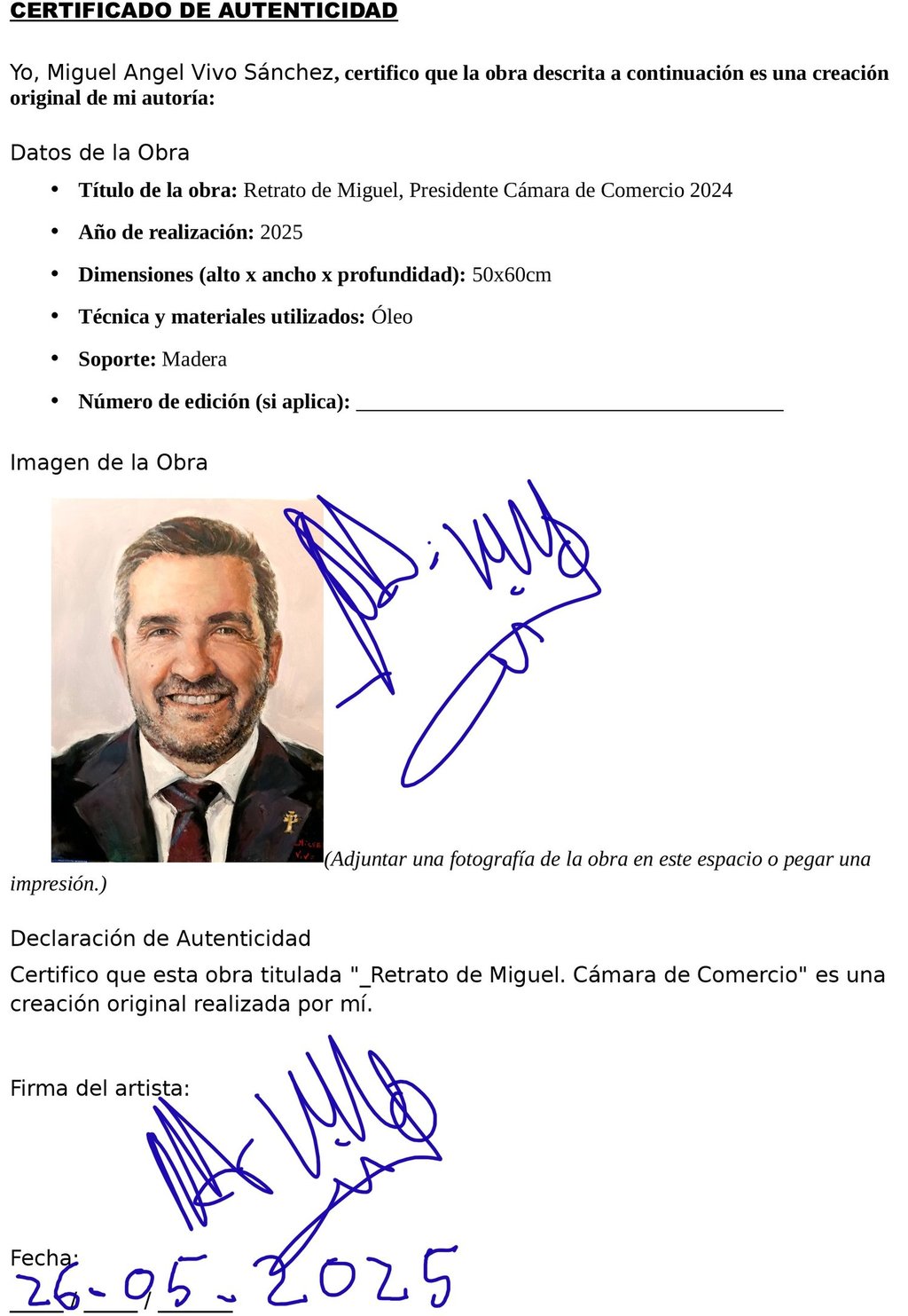Certificado de Autenticación Cámara de Comercio. Retrato de Miguel. Presidente 2024