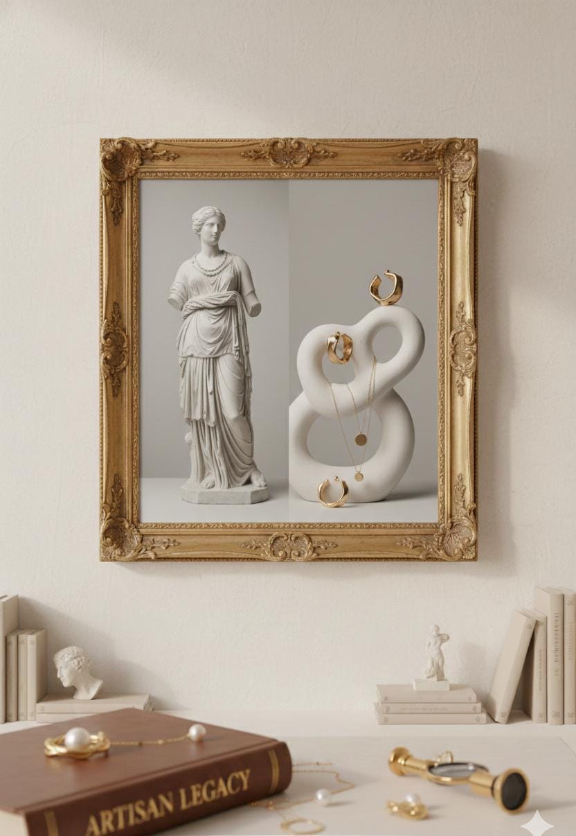 Joyería de oro y una estatua griega dentro de un marco ornamentado sobre una estantería minimalista