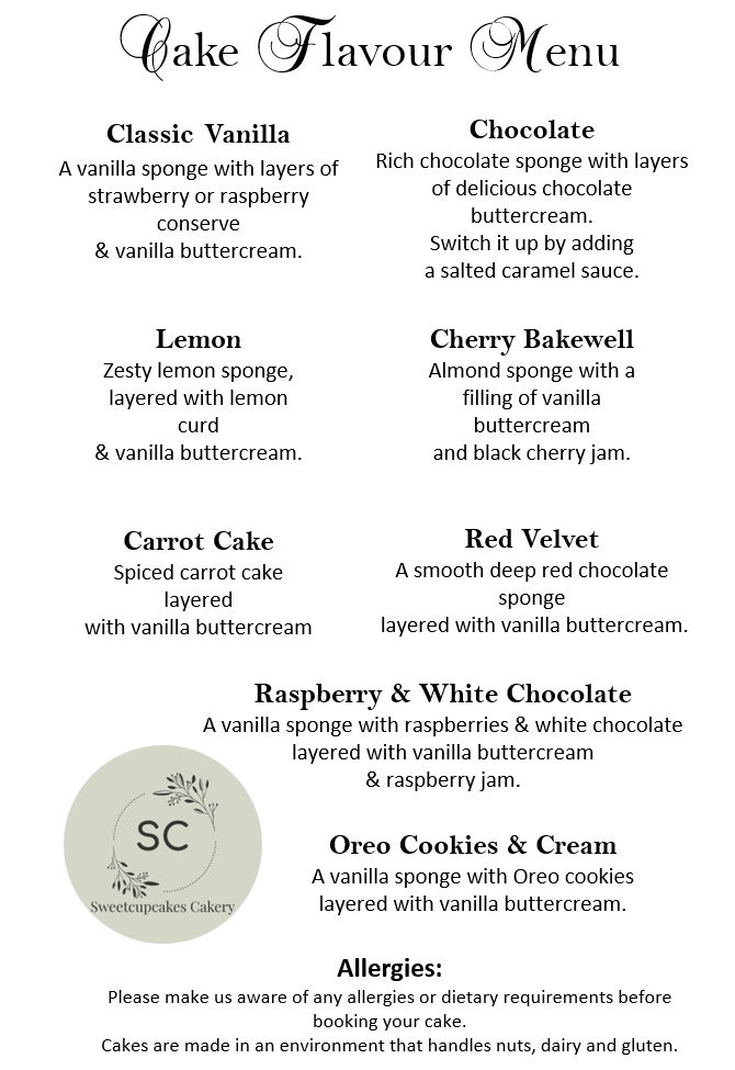 Sweetcupcakes Cakery - Cake Flavour Menu