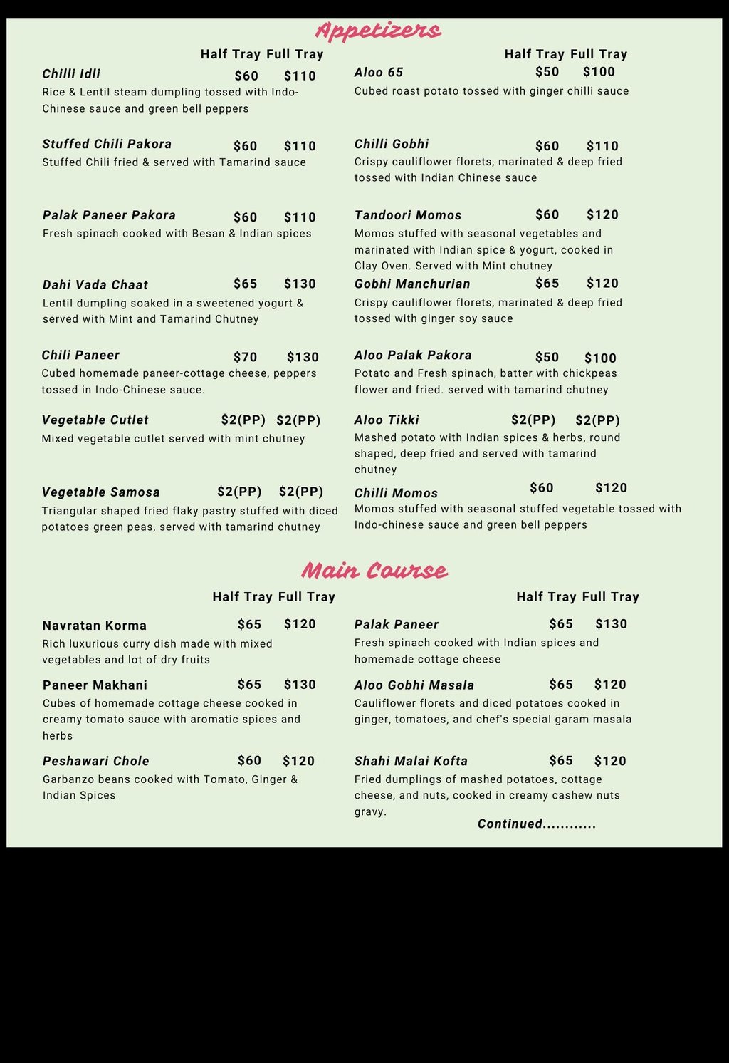 Catering Menu of Pure Vegetarian Indian Cuisine