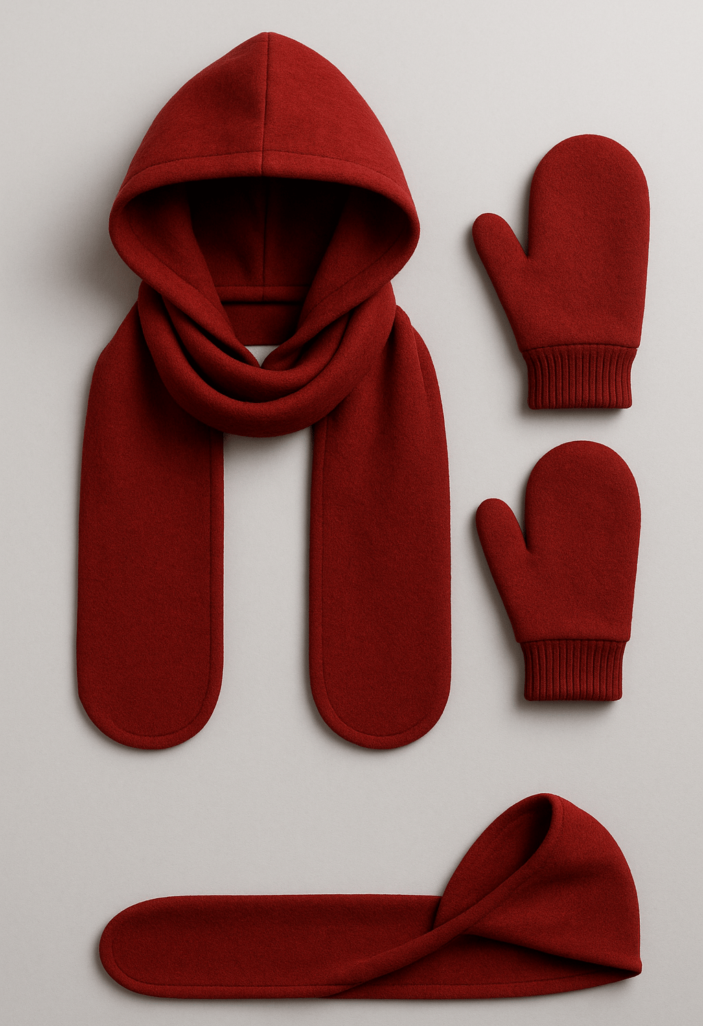 Red hooded scarf and matching mittens displayed flat.