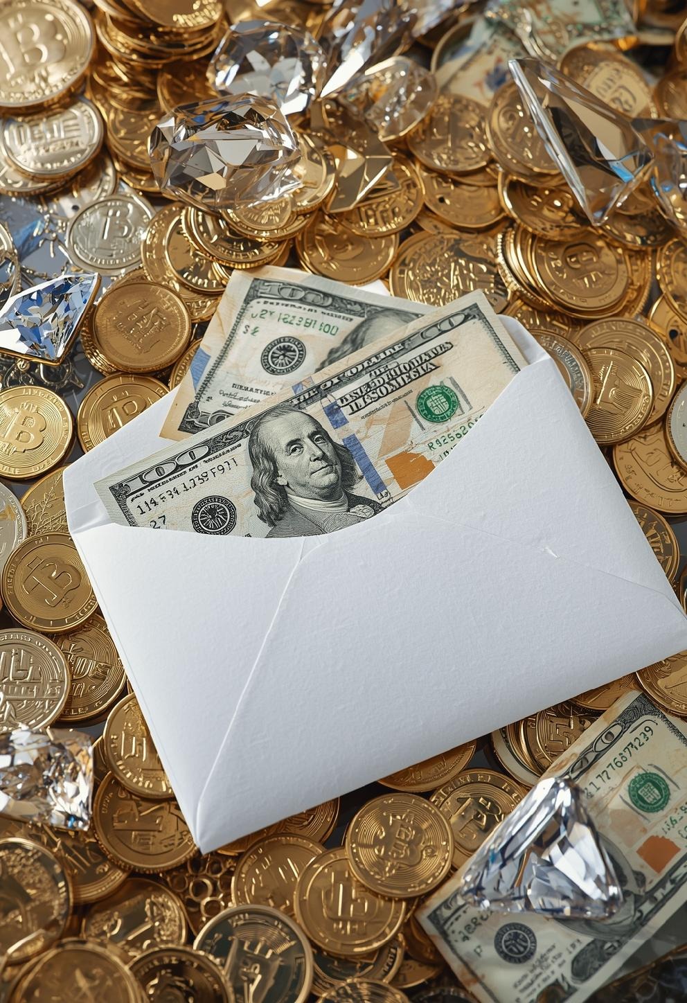 Envelope with dollar bills and coins representing income and financial opportunity