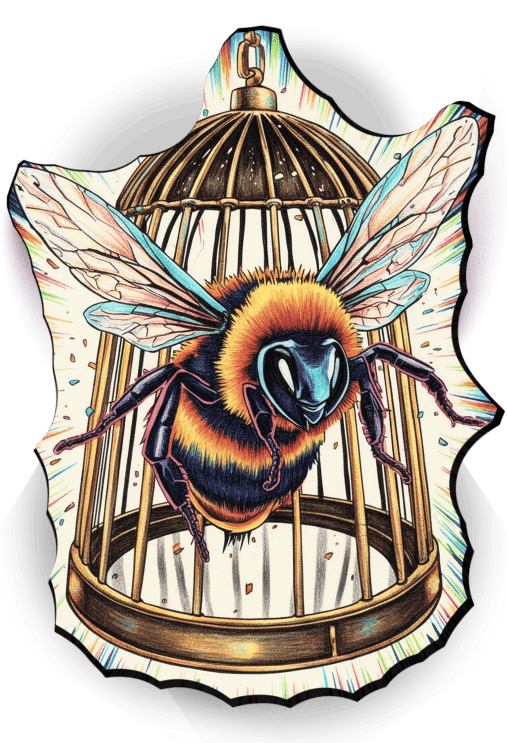 Surreal illustration of a fuzzy bumblebee escaping from a vintage golden birdcage.