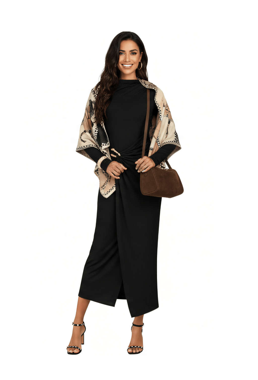 a woman in a black dress with crossbody handbag and sandals