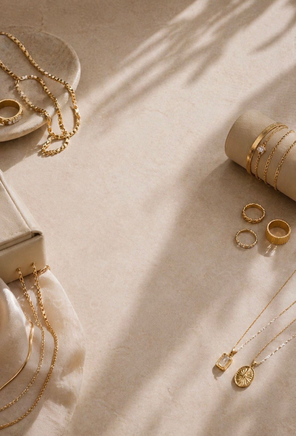 Beige luxury jewelry aesthetic with gold necklaces, rings and minimal elegant accessories