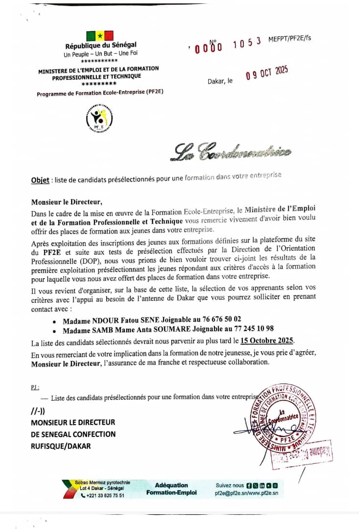 liste des candidats sélectionnés pour une formation dans Sénégal confection