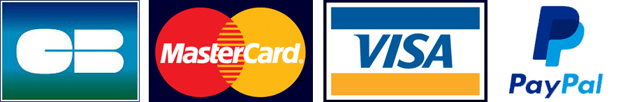 Logos des moyens de paiement acceptés : carte bancaire, MasterCard, Visa et PayPal
