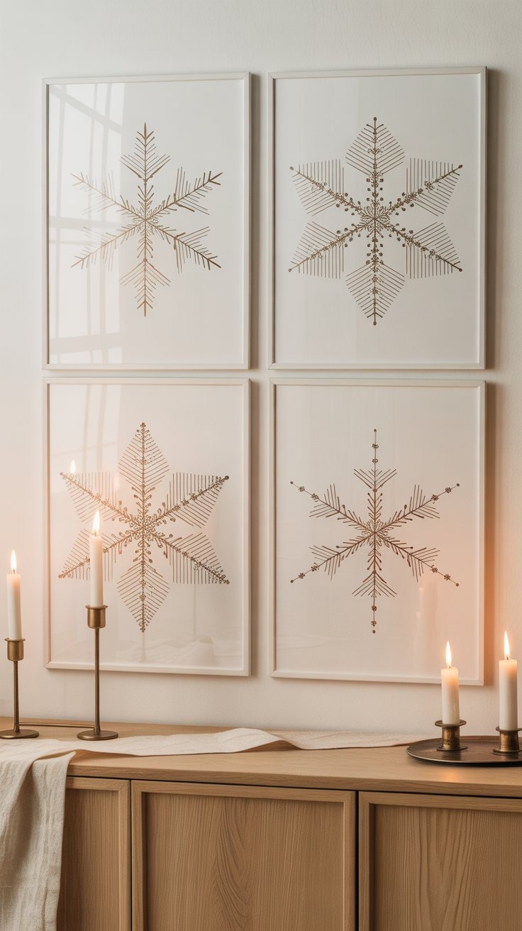a table with candles and winter wall art prints