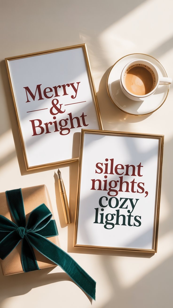 a cup of coffee and a gift box and christmas typography posters