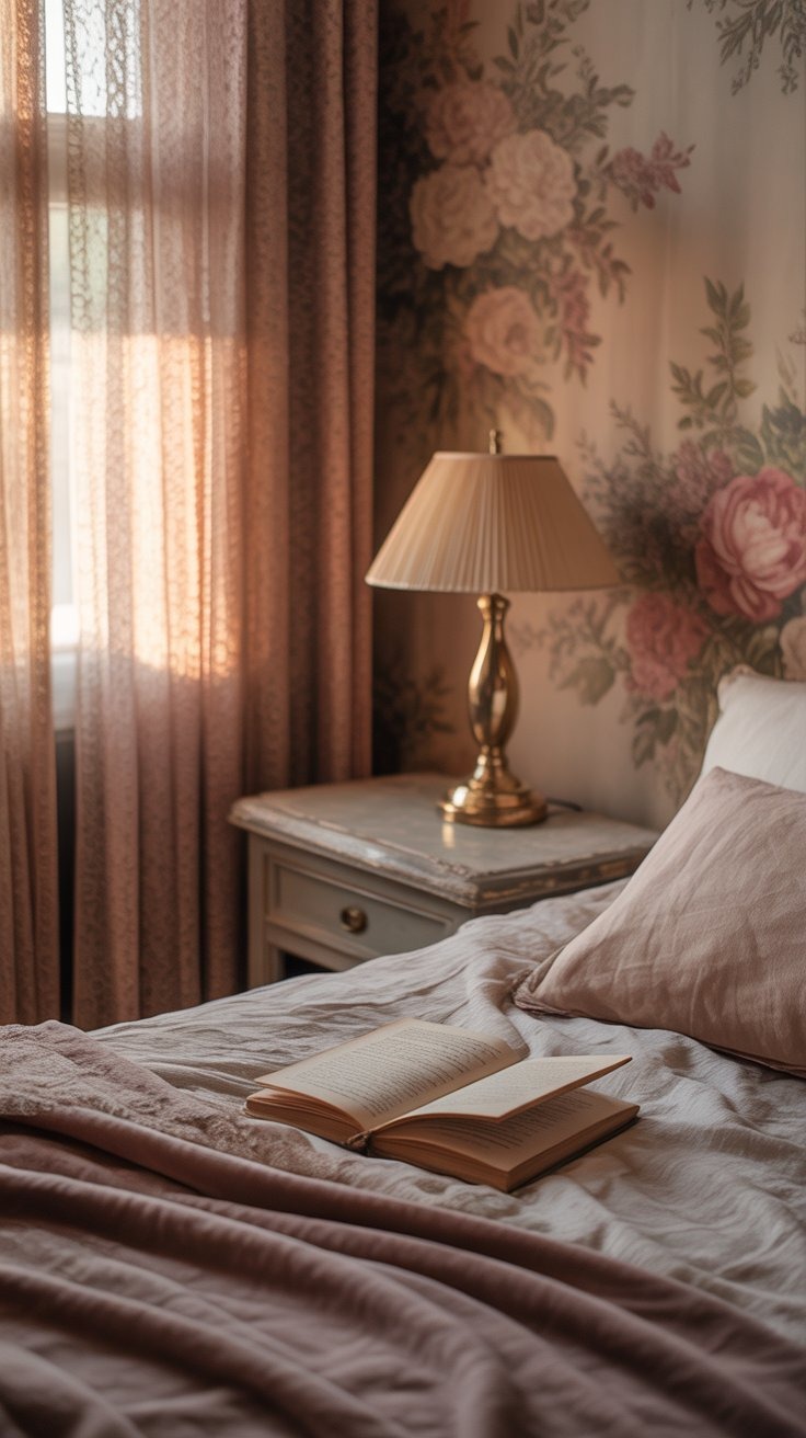 a book is open on a bed with a lamp and botanical vintage wallpaper