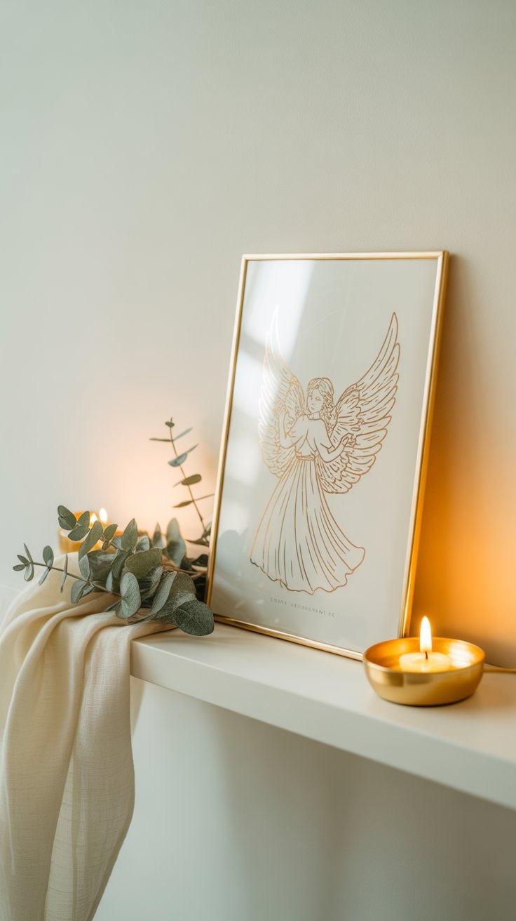 a candle with a candlelight on a shelf and golden angel wall art printable