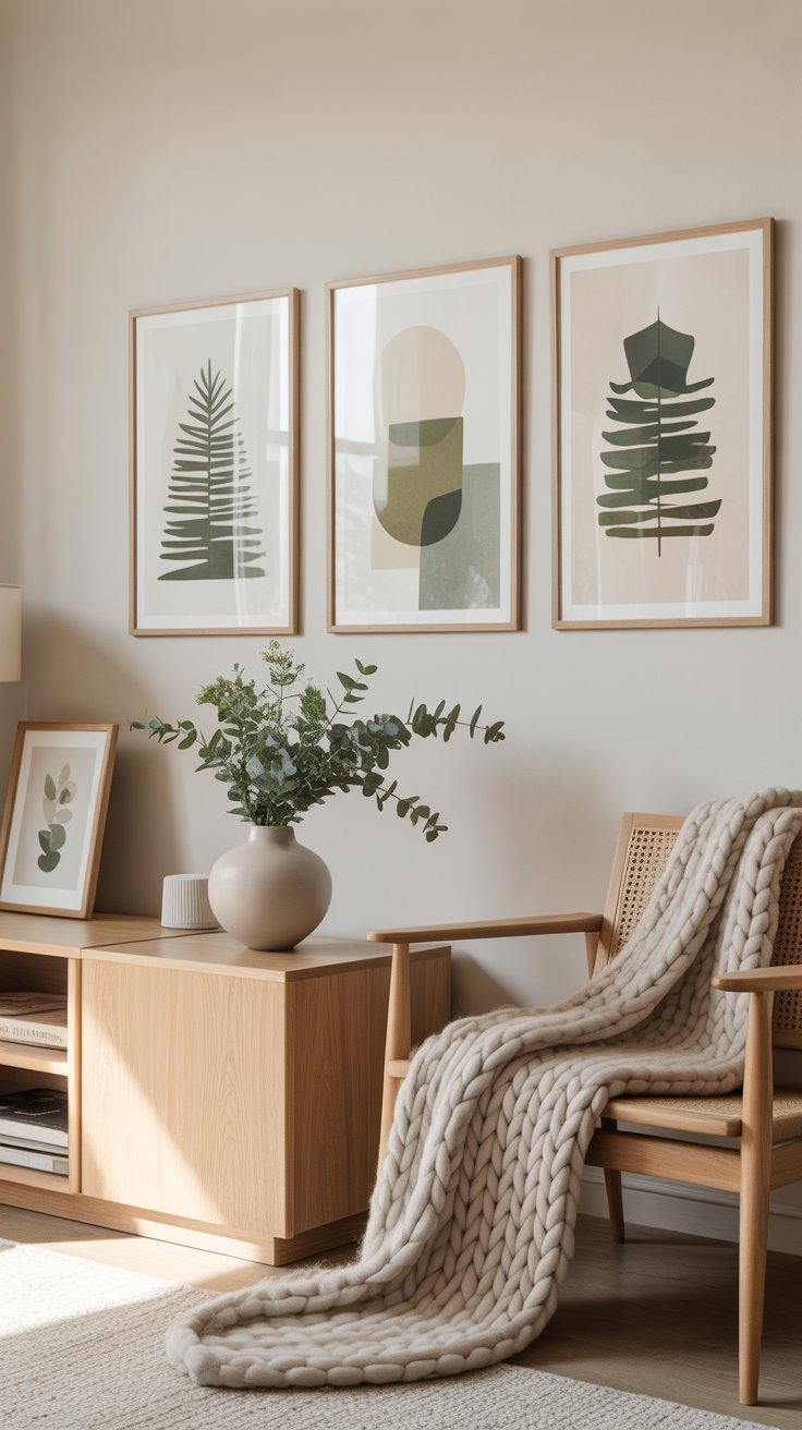 a living room with a chair and a table and scandinavian wall art prints