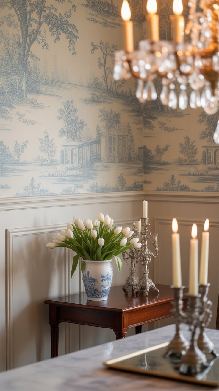 a table with candles and vintage wallpaper