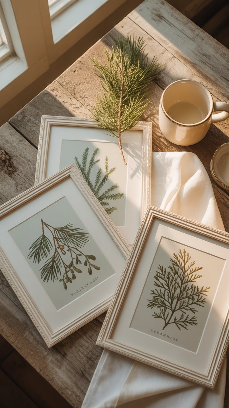a table with a cup of coffee and a mug and winter posters in frames