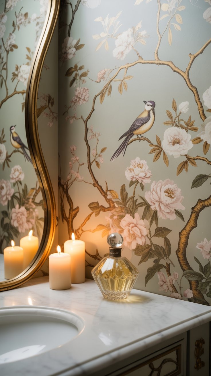 a bathroom with candles and golden chinoiseries wallpaper