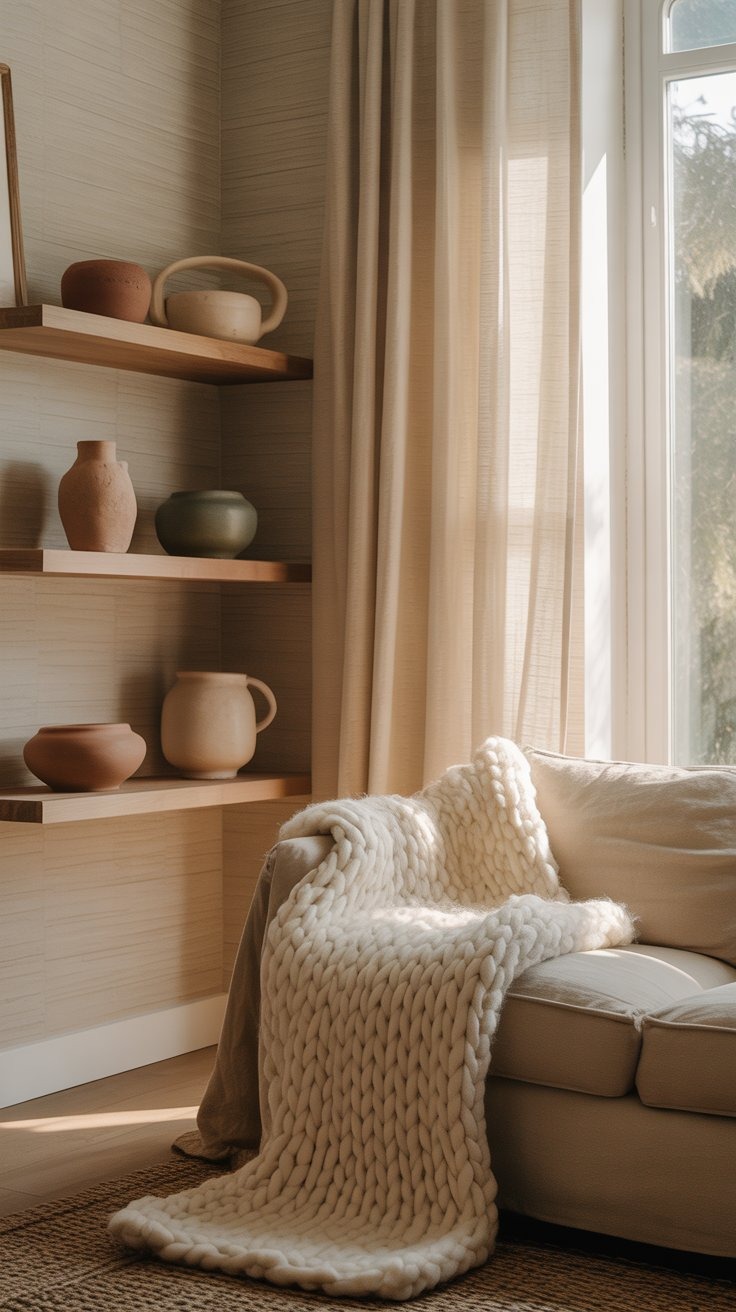 a couch with a blanket on it and linen texture wallpapers