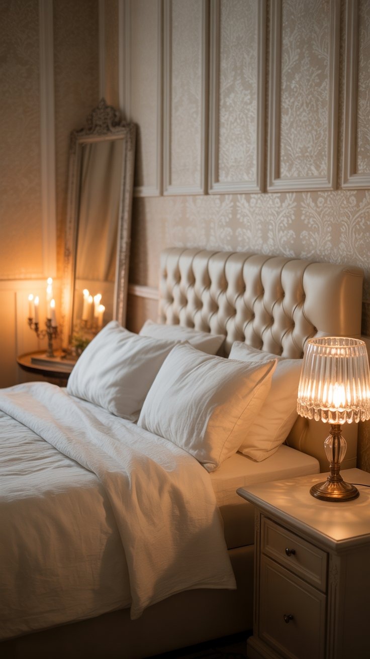 a bed with candles and muted ivory damask vintage wallpapers