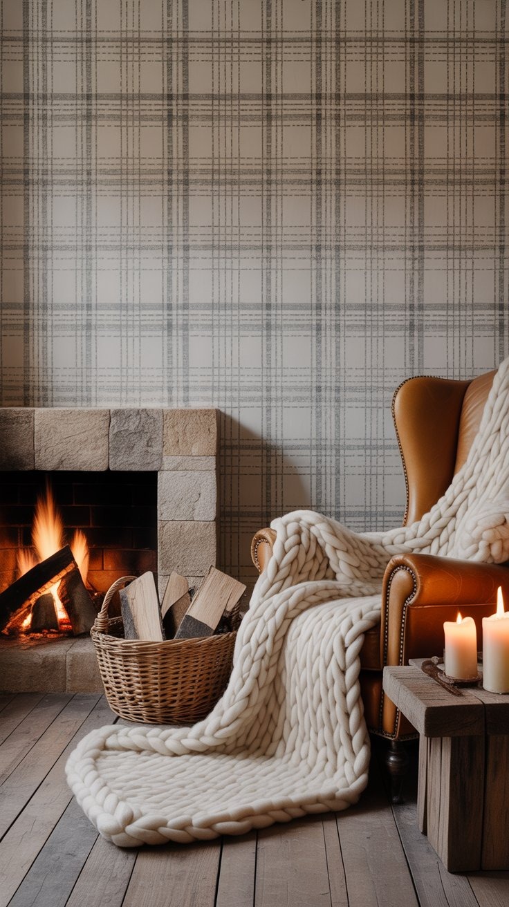 a living room with a fireplace and a chair cottage wallpaper