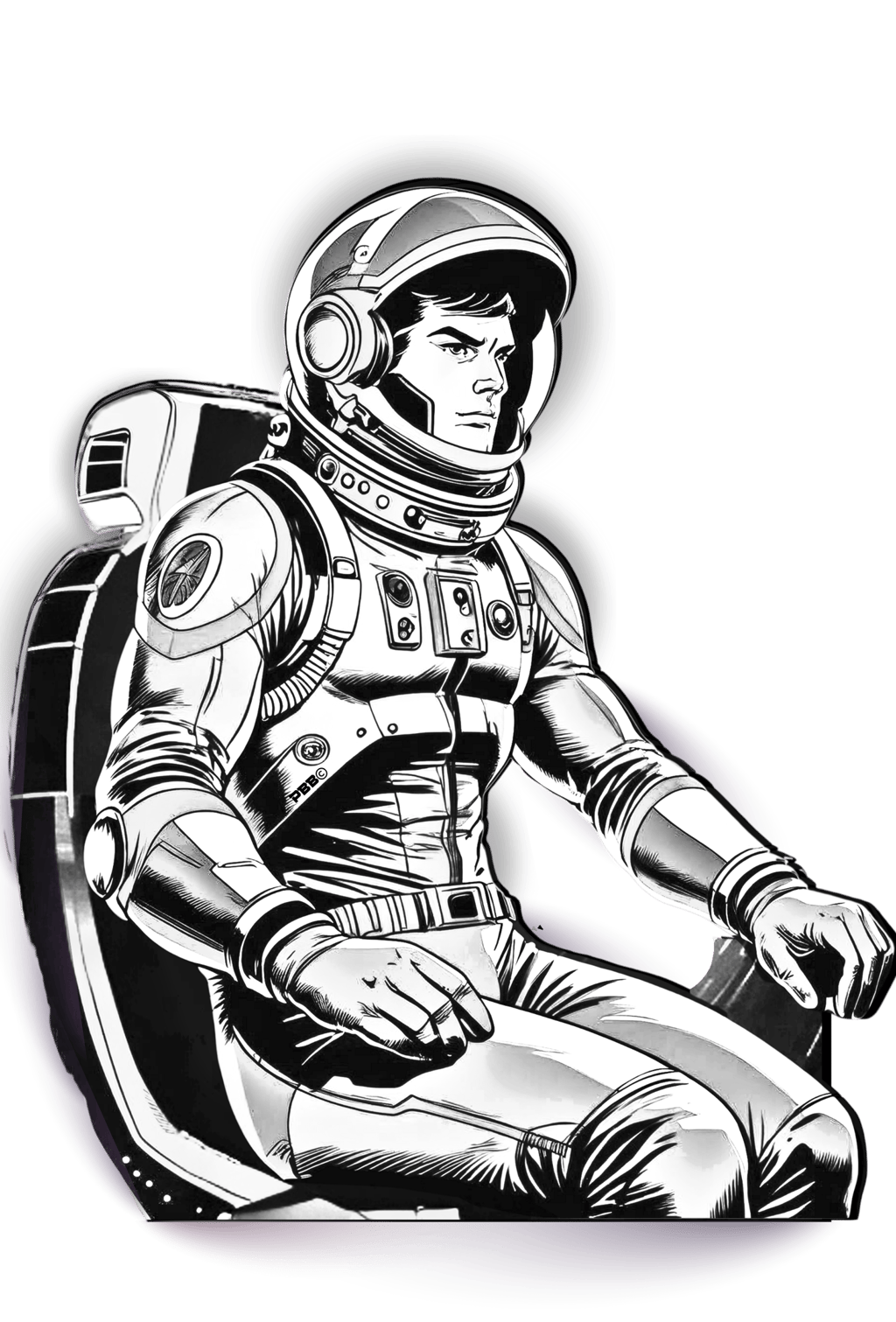 Monochromatic illustration of an astronaut in a futuristic spacesuit seated against a dark background, perfect for sci-fi