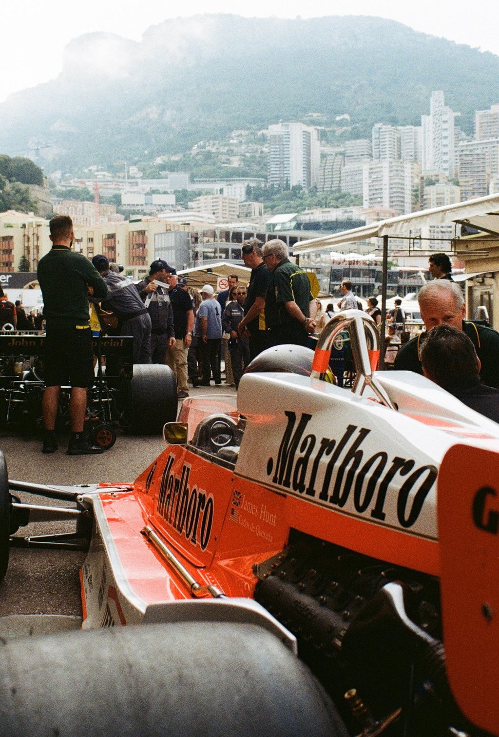 an 80's Formula 1 car in the paddock at Monaco