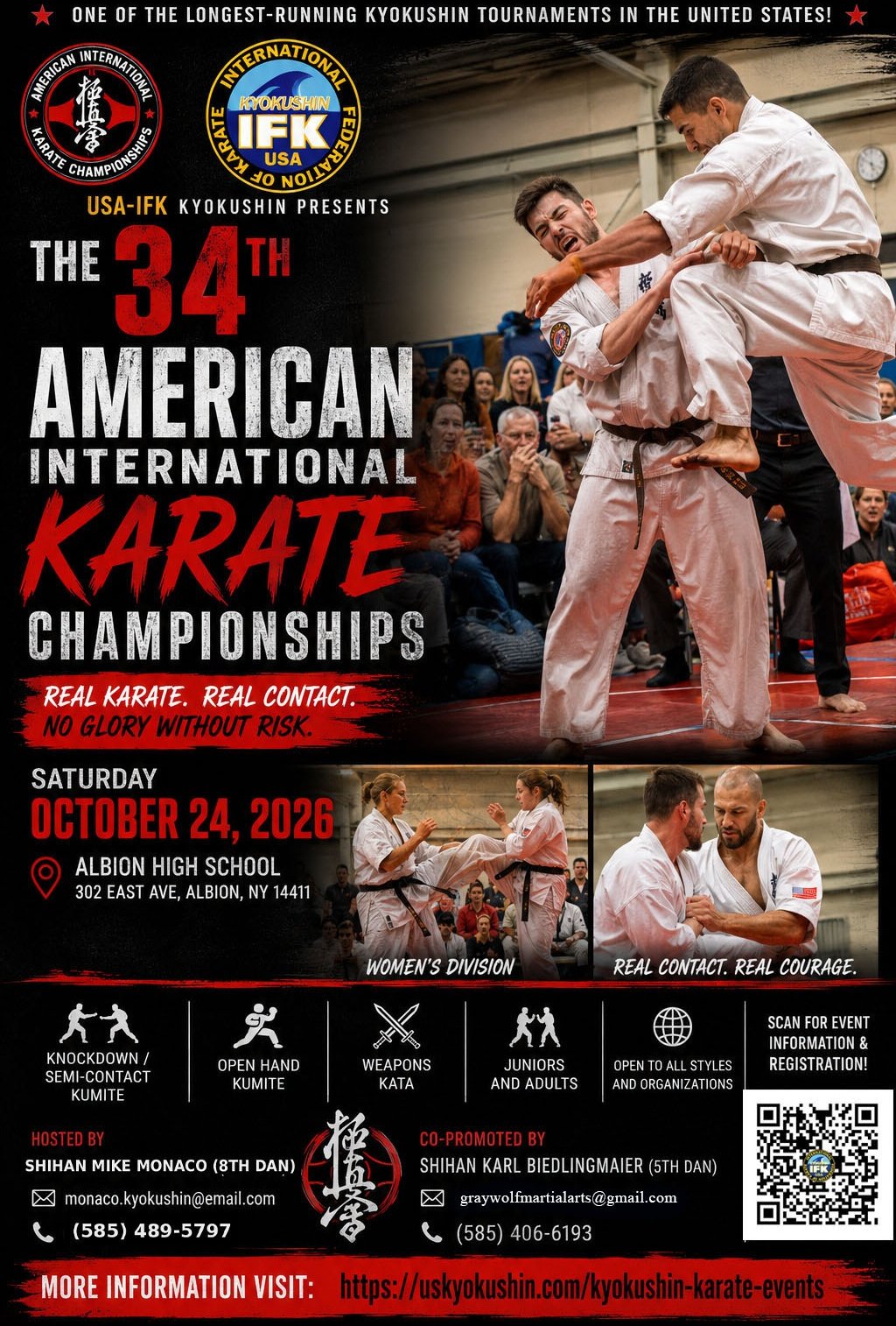 34th American International Karate Championships flyer. October 24, 2026, Albion, New York.