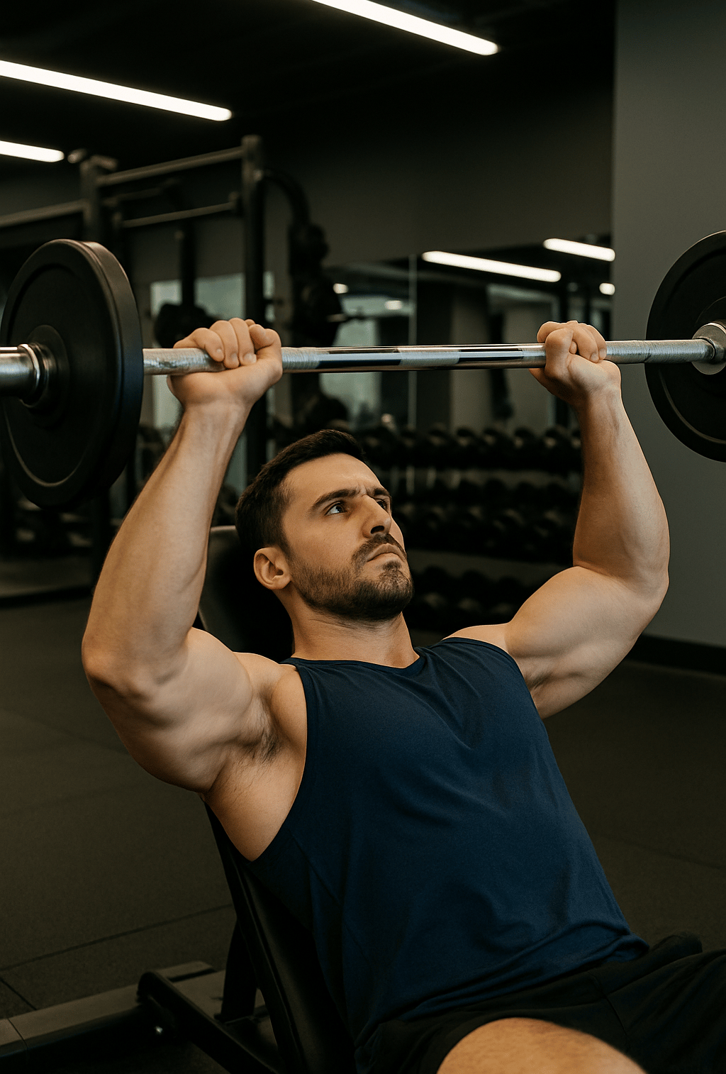 Homem fazendo supino com halteres, demonstrando amplitude de movimento