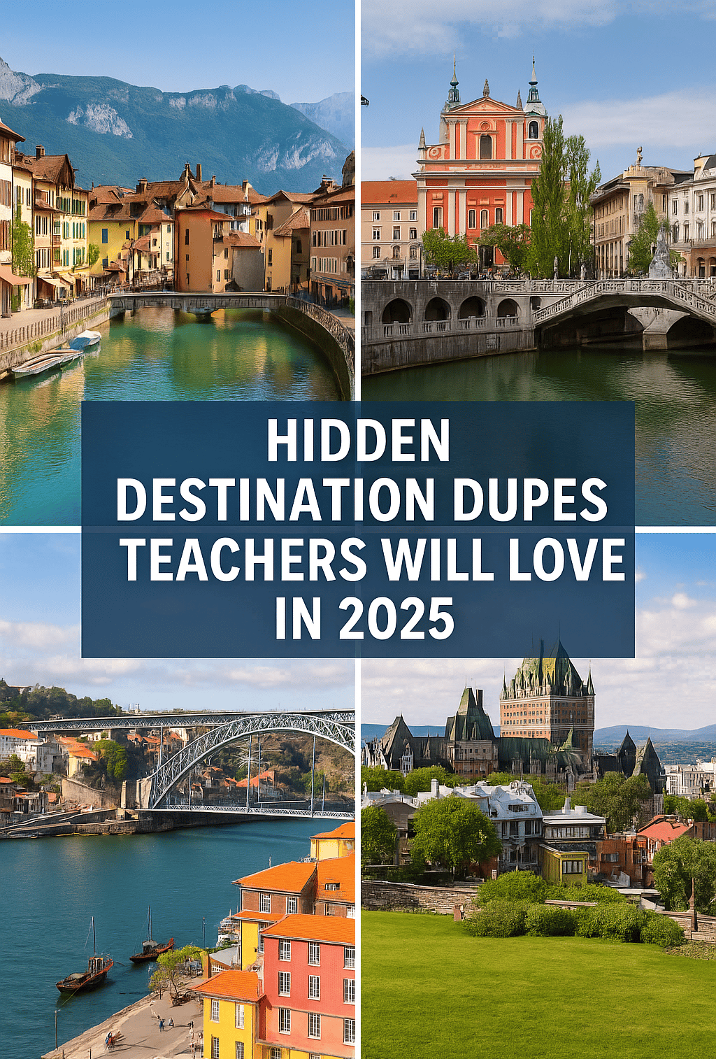 Collage of teacher-friendly travel destination dupes in 2025, featuring Annecy France and more