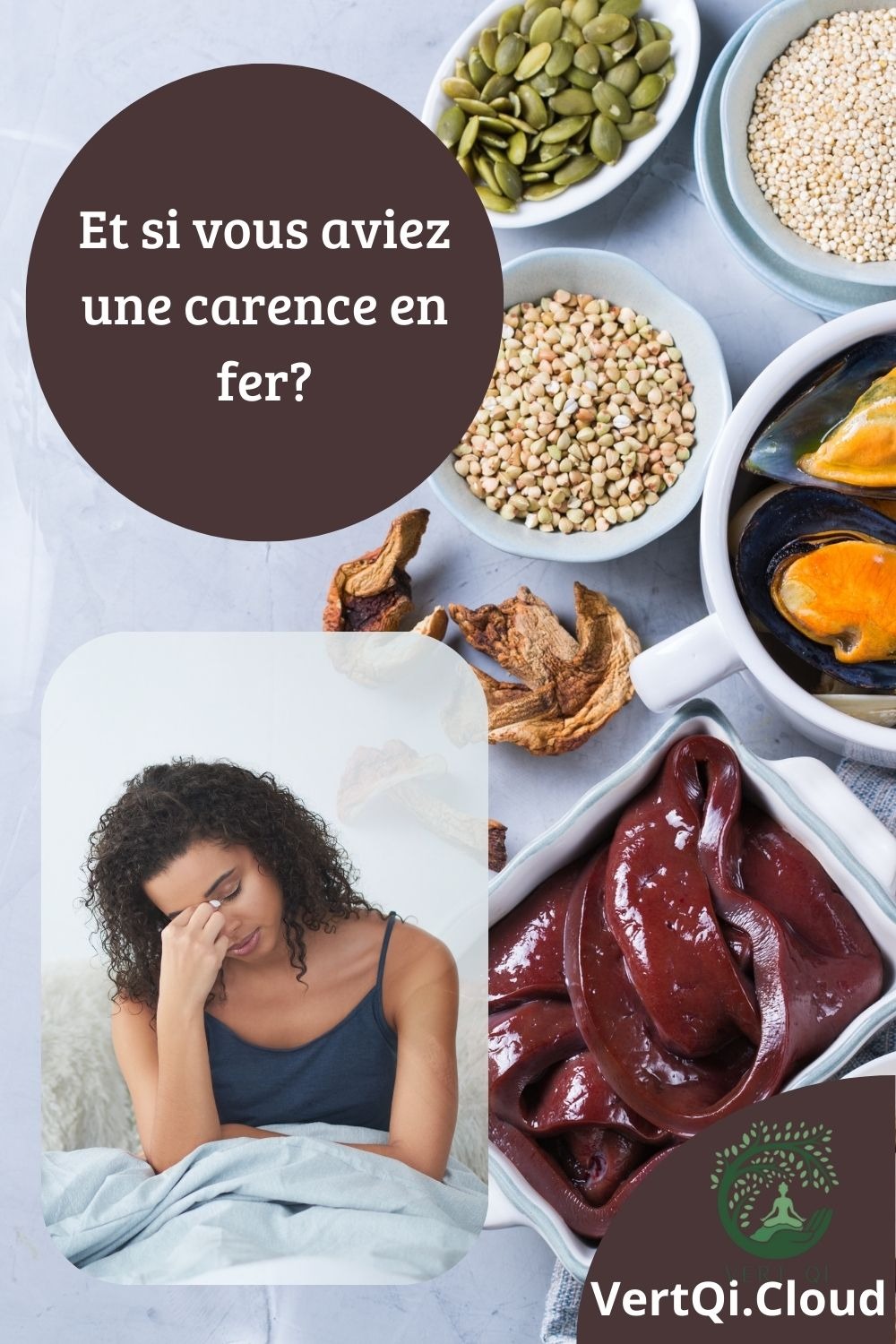 Infographie éducative sur la carence en fer montrant des aliments riches en fer comme les épinards, 