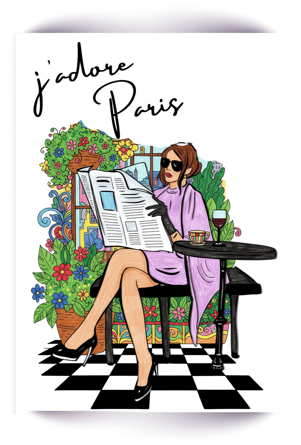 Chic woman reading a newspaper at a French cafe with J'adore Paris text and floral accents.