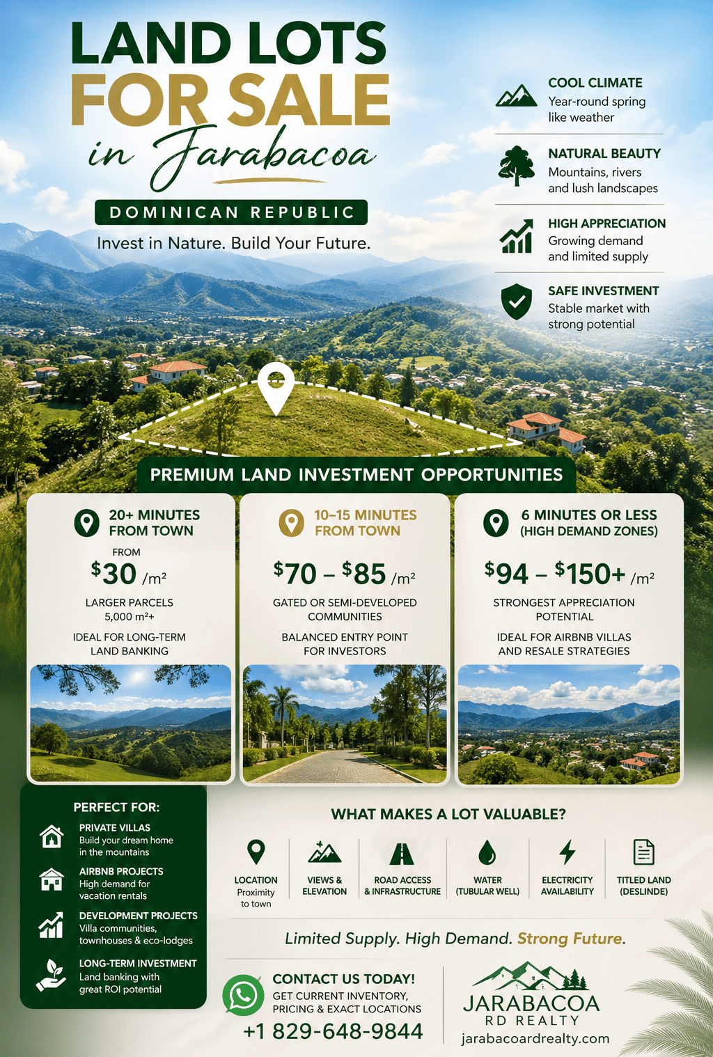Promotional flyer for land lots for sale in Jarabacoa Dominican Republic featuring mountain views and real estate investment