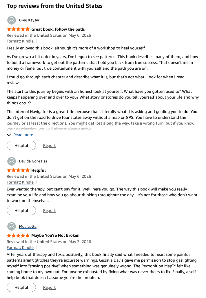 Screenshot of positive Amazon reviews for a self-help book titled The Internal Navigator by Guzalia Davis.